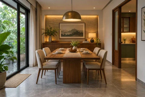 AI-generated dining-room concept: sideboard-axis dining, monsoon lunch light direction