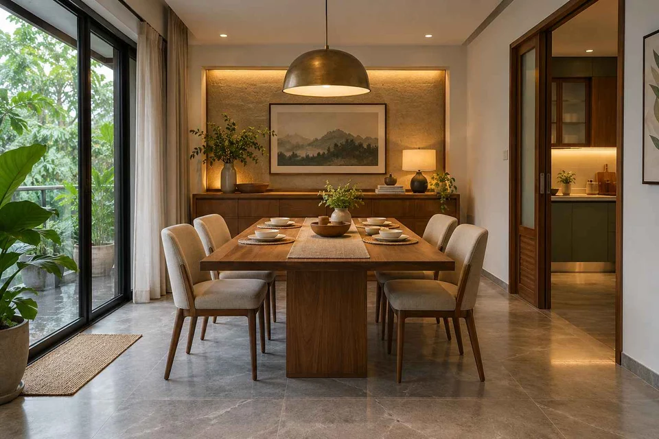 AI-generated dining-room concept: sideboard-axis dining, monsoon lunch light direction