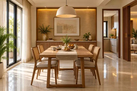 AI-generated dining-room concept: sideboard-axis dining, morning breakfast rhythm direction