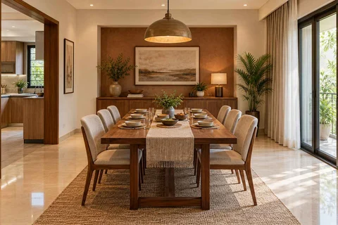 AI-generated dining-room concept: sideboard-axis dining, serving bowl sharing direction