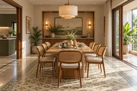 AI-generated dining-room concept: sideboard-axis dining, slow weekend brunch direction