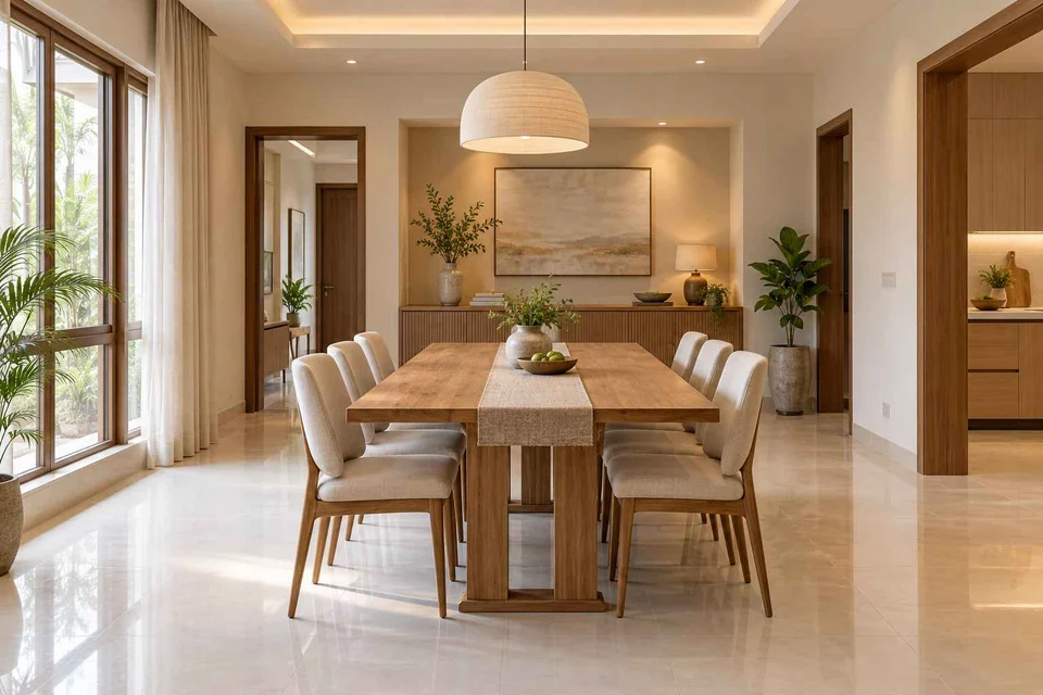 AI-generated dining-room concept: sideboard-axis dining, summer-airiness dining direction