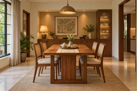 AI-generated dining-room concept: sideboard-axis dining, tea with friends direction