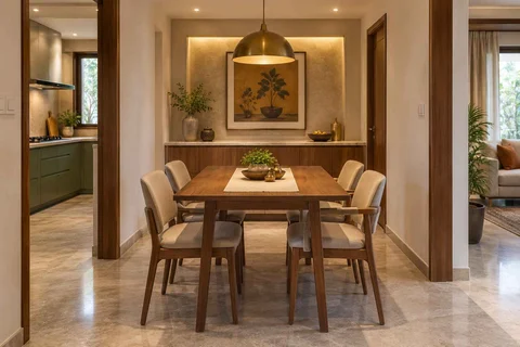 AI-generated dining-room concept: sideboard-axis dining, visiting-parents meal direction