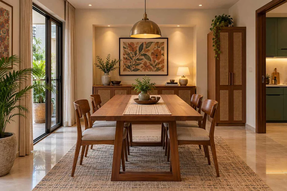 AI-generated dining-room concept: sideboard-axis dining, weekend craft-to-meal reset direction