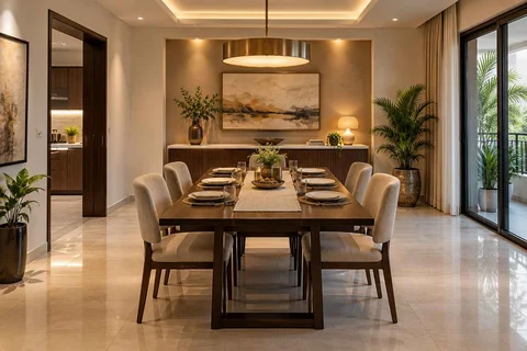 AI-generated dining-room concept: sideboard-axis dining, weeknight compact hosting direction