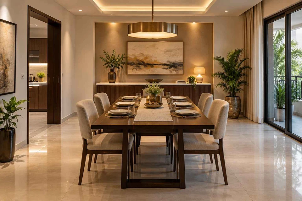 AI-generated dining-room concept: sideboard-axis dining, weeknight compact hosting direction