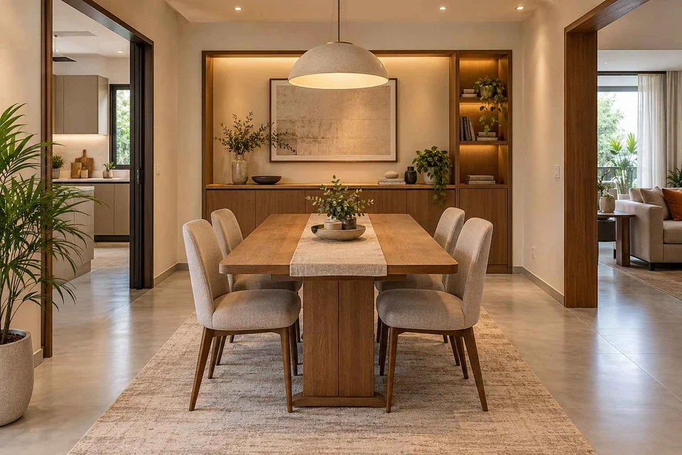 AI-generated dining-room concept: sideboard-axis dining, work-from-home reset direction