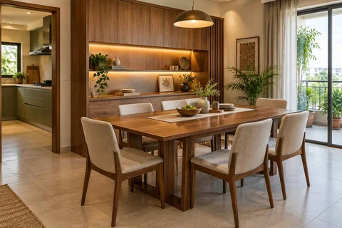 AI-generated dining-room concept: sideboard dining room, adaptable everyday dining direction