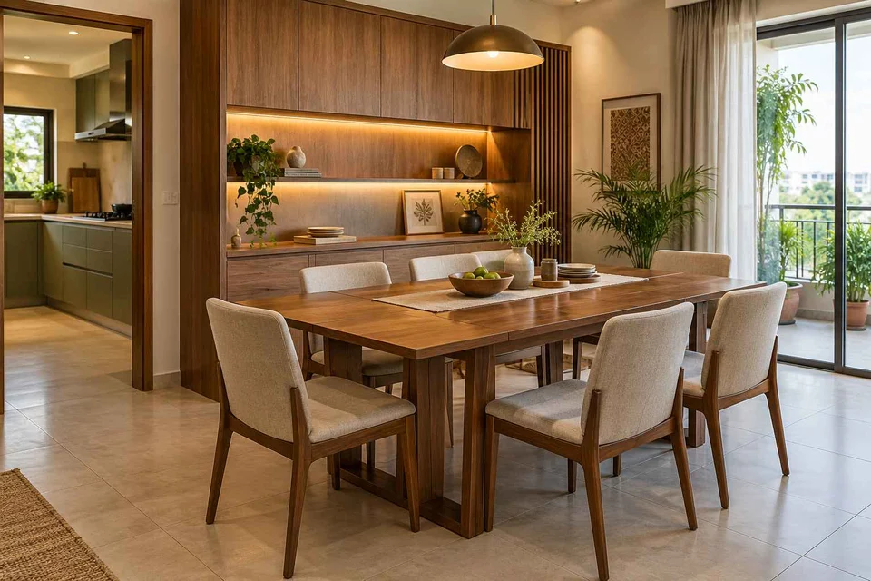 AI-generated dining-room concept: sideboard dining room, adaptable everyday dining direction