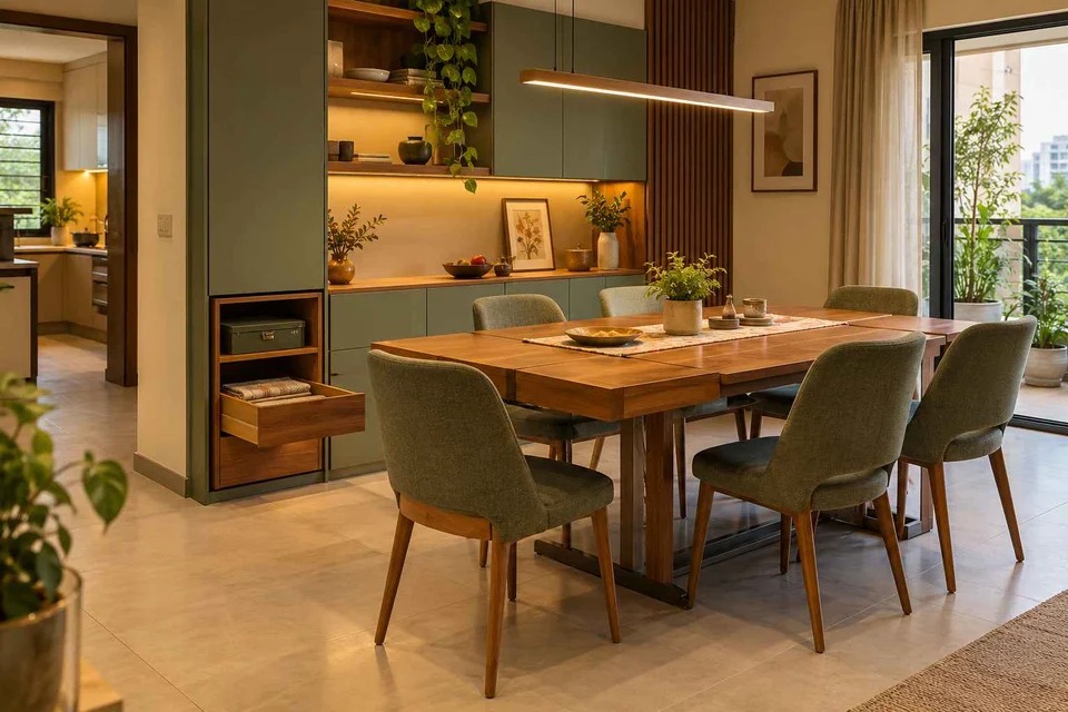 AI-generated dining-room concept: sideboard dining room, board-game supper direction