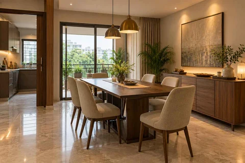AI-generated dining-room concept: sideboard dining room, buffet-side gathering direction
