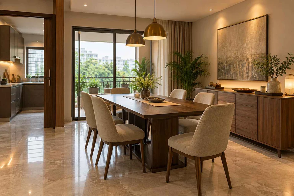 AI-generated dining-room concept: sideboard dining room, buffet-side gathering direction