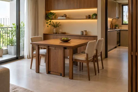 AI-generated dining-room concept: sideboard dining room, clear-table daily reset direction