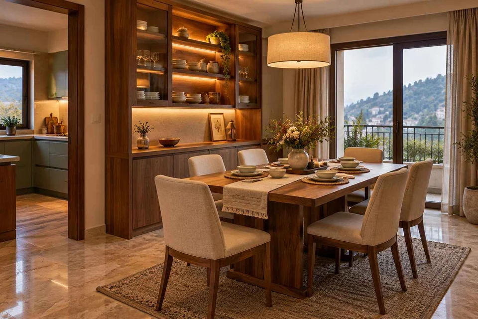 AI-generated dining-room concept: sideboard dining room, cool-season family table direction