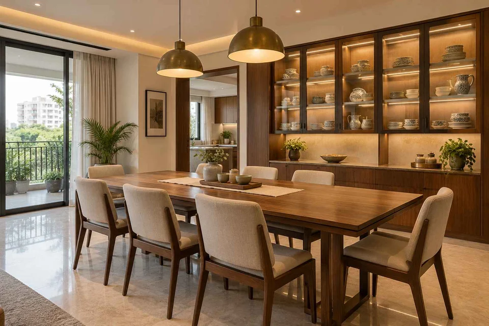 AI-generated dining-room concept: sideboard dining room, crockery collection display direction