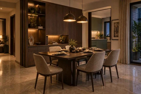 AI-generated dining-room concept: sideboard dining room, evening candleless dinner direction
