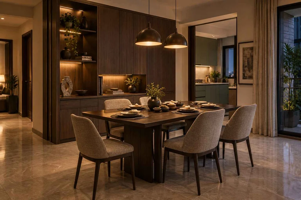 AI-generated dining-room concept: sideboard dining room, evening candleless dinner direction