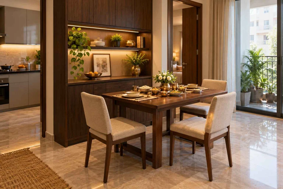 AI-generated dining-room concept: sideboard dining room, festival meal preparation direction
