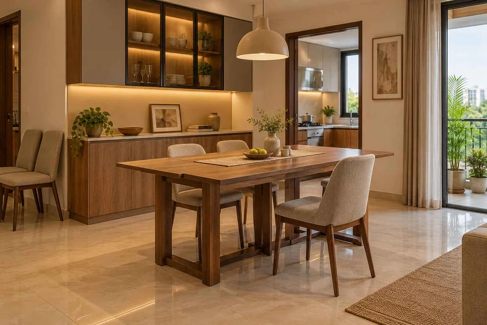 AI-generated dining-room concept: sideboard dining room, flexible extra seats direction
