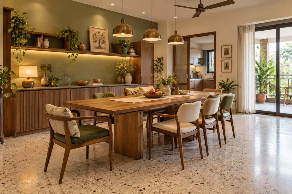AI-generated dining-room concept: sideboard dining room, grandparents and grandchildren direction