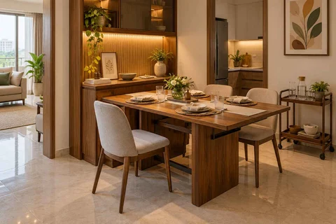 AI-generated dining-room concept: sideboard dining room, guest welcome meal direction