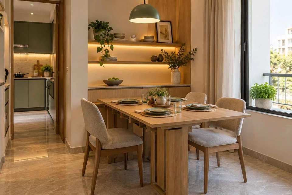 AI-generated dining-room concept: sideboard dining room, homegrown herb table direction