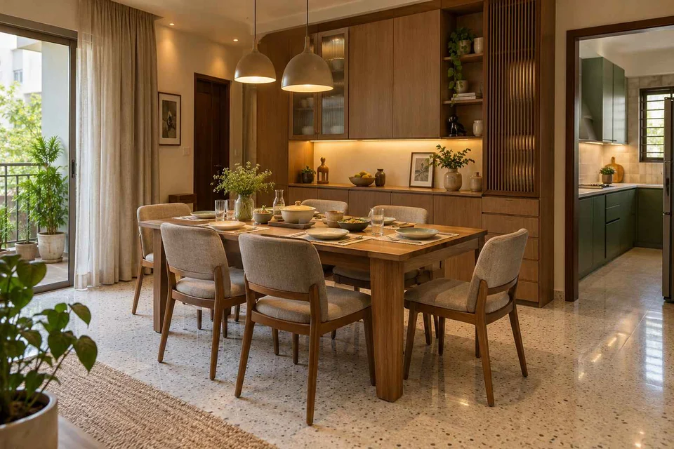 AI-generated dining-room concept: sideboard dining room, homework-to-dinner transition direction