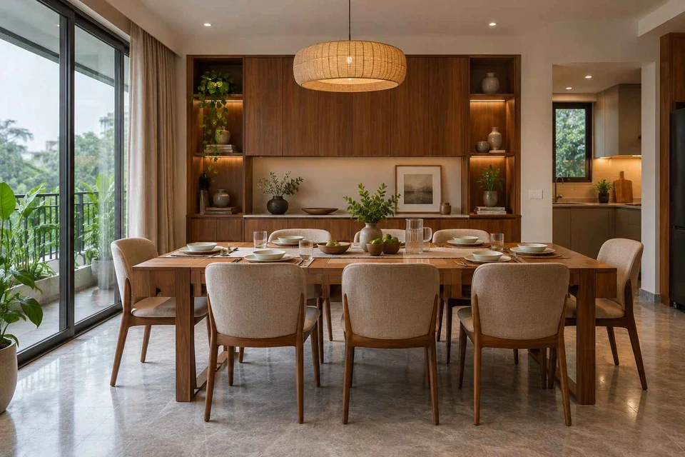 AI-generated dining-room concept: sideboard dining room, monsoon lunch light direction