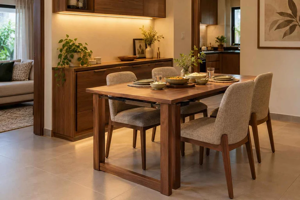 AI-generated dining-room concept: sideboard dining room, serving bowl sharing direction