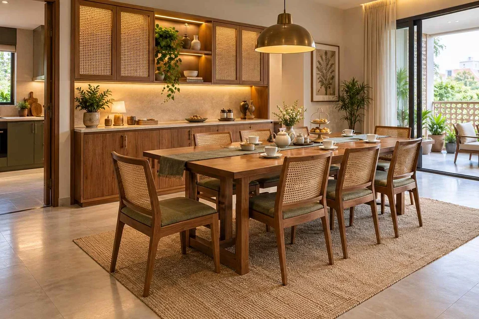 AI-generated dining-room concept: sideboard dining room, tea with friends direction