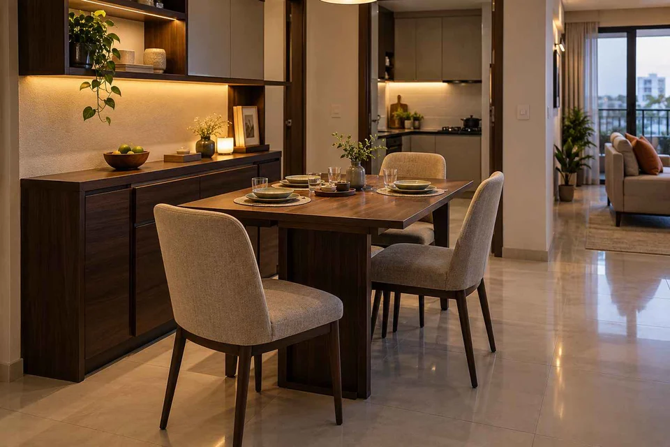 AI-generated dining-room concept: sideboard dining room, weeknight compact hosting direction