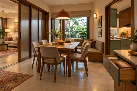 AI-generated dining-room concept: sliding-partition dining, board-game supper direction