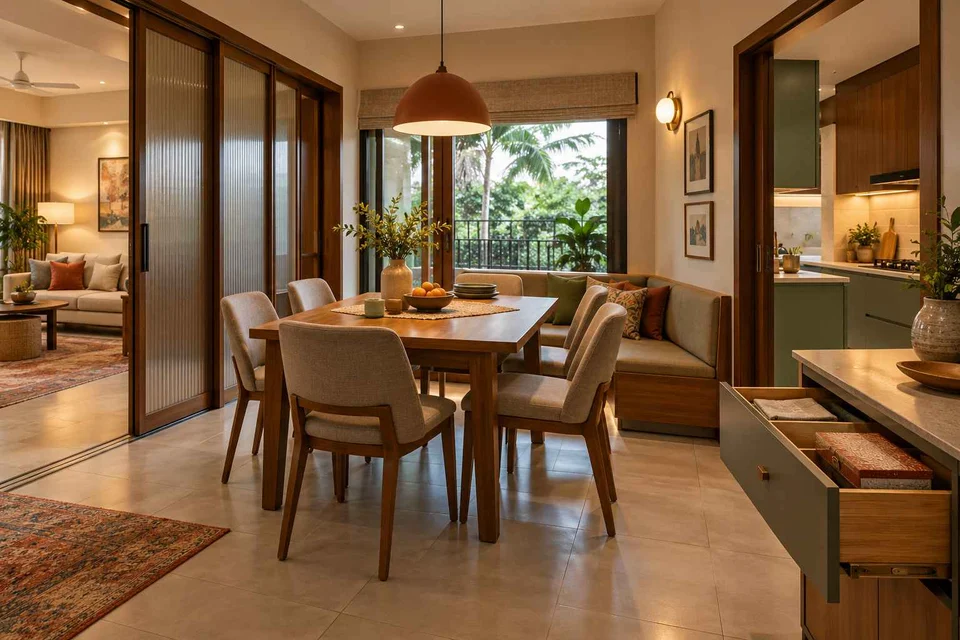 AI-generated dining-room concept: sliding-partition dining, board-game supper direction