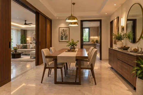 AI-generated dining-room concept: sliding-partition dining, buffet-side gathering direction