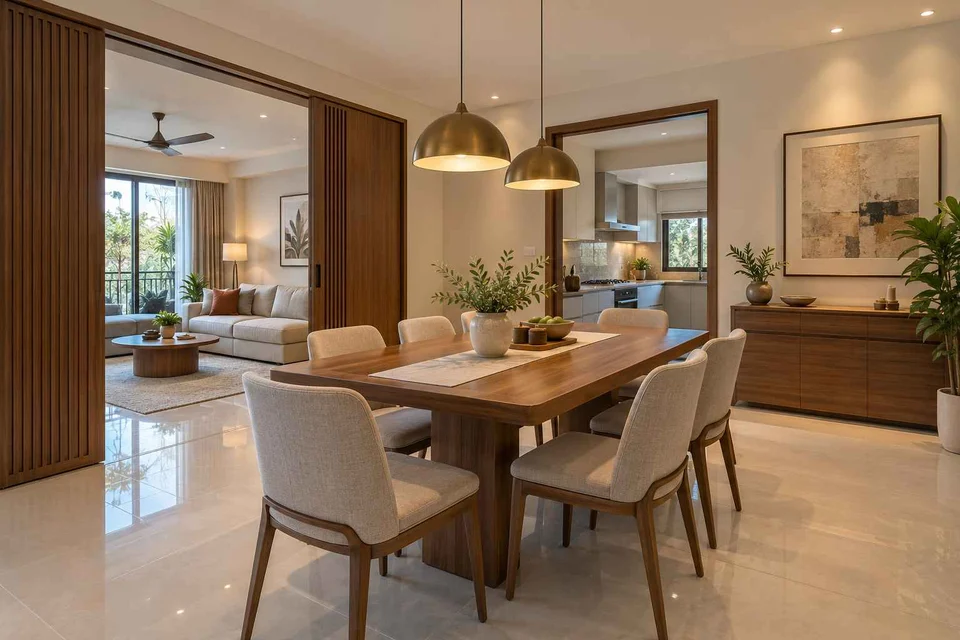 AI-generated dining-room concept: sliding-partition dining, children's everyday meals direction