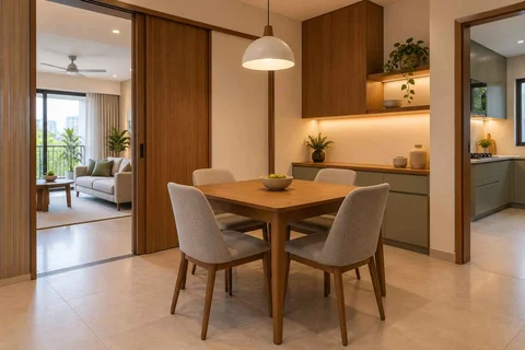 AI-generated dining-room concept: sliding-partition dining, clear-table daily reset direction