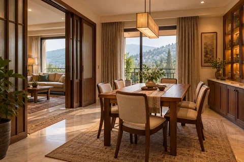AI-generated dining-room concept: sliding-partition dining, cool-season family table direction
