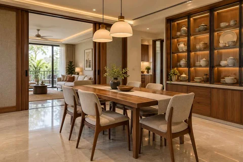 AI-generated dining-room concept: sliding-partition dining, crockery collection display direction