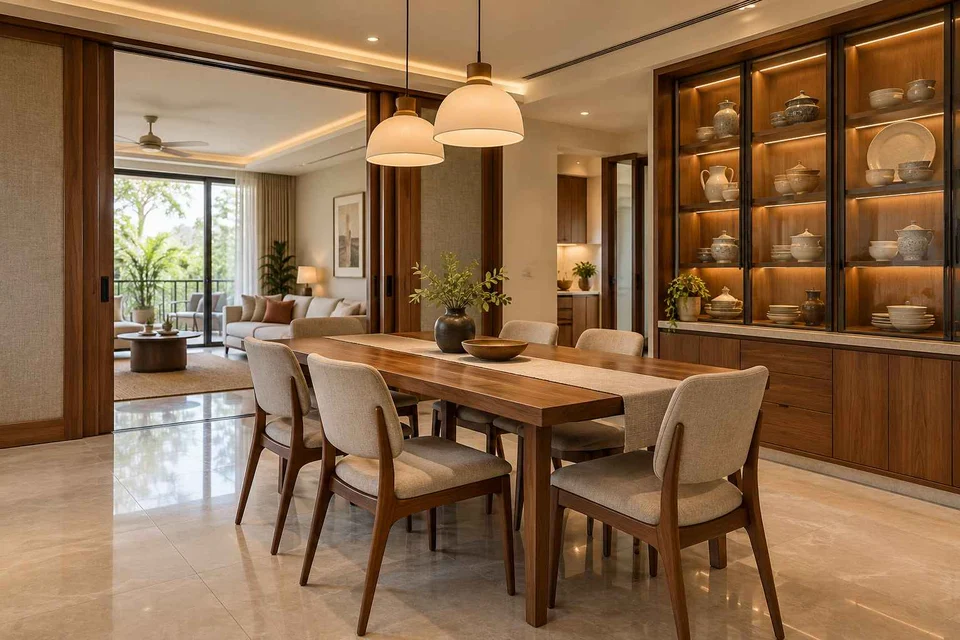 AI-generated dining-room concept: sliding-partition dining, crockery collection display direction