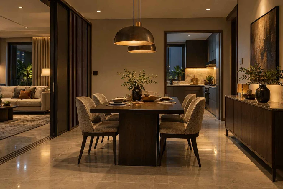 AI-generated dining-room concept: sliding-partition dining, evening candleless dinner direction