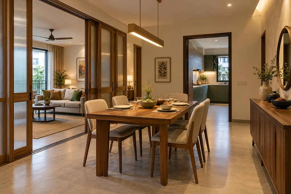 AI-generated dining-room concept: sliding-partition dining, everyday family supper direction