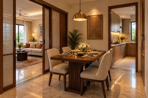 AI-generated dining-room concept: sliding-partition dining, festival meal preparation direction