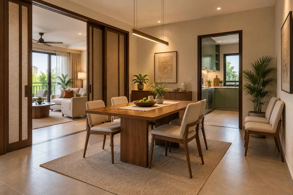 AI-generated dining-room concept: sliding-partition dining, flexible extra seats direction