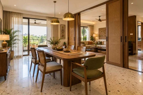 AI-generated dining-room concept: sliding-partition dining, grandparents and grandchildren direction