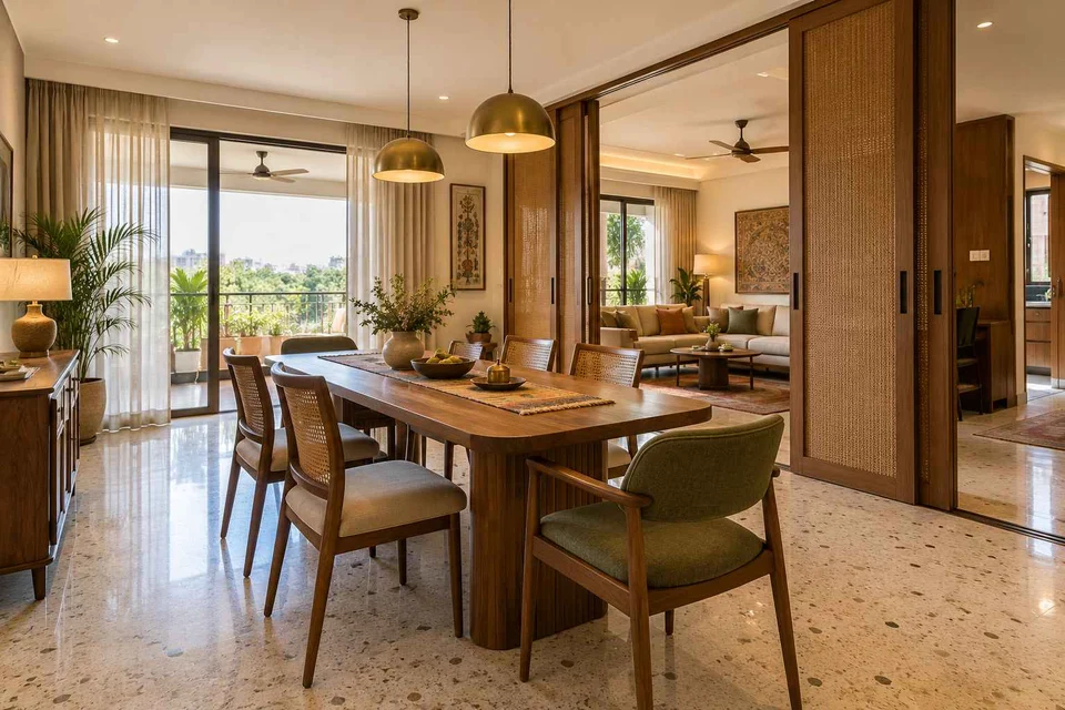 AI-generated dining-room concept: sliding-partition dining, grandparents and grandchildren direction
