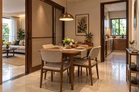 AI-generated dining-room concept: sliding-partition dining, guest welcome meal direction