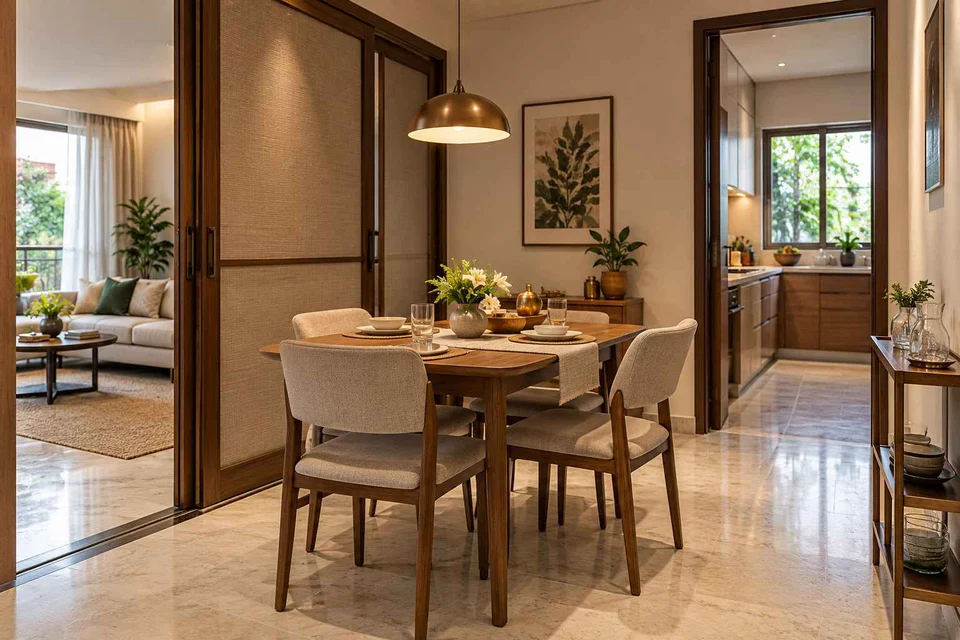 AI-generated dining-room concept: sliding-partition dining, guest welcome meal direction