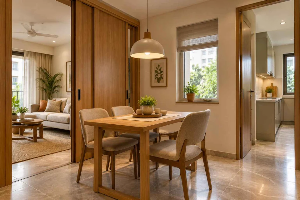 AI-generated dining-room concept: sliding-partition dining, homegrown herb table direction