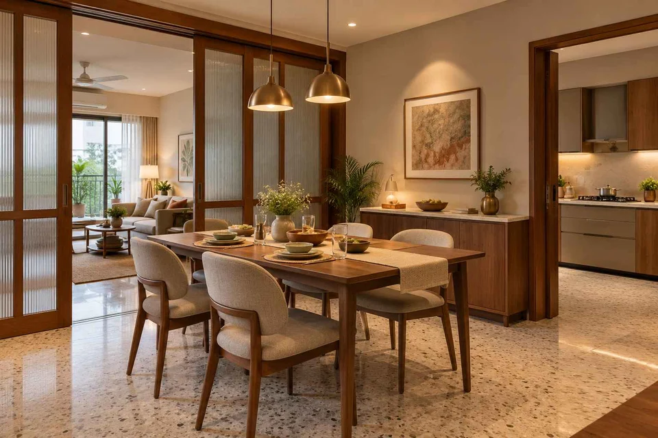 AI-generated dining-room concept: sliding-partition dining, homework-to-dinner transition direction